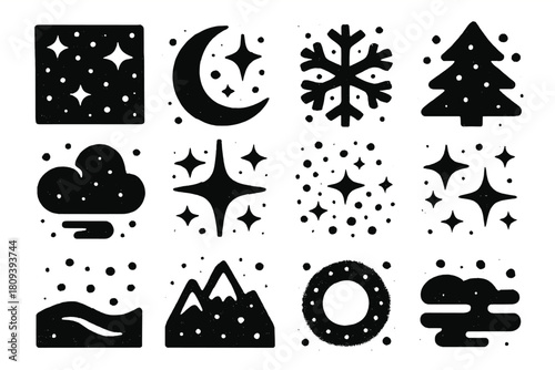 Starry Snowfall Icons. Starry Snowfall Icons silhouette icon set. night sky, moonlight, snowflake, pine tree, cloud wisp, starlight, sparkle dust, frost shimmer, snow drift