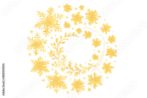 Golden Snowflake Swirl. Cluster of golden snowflakes, intricately designed with delicate patterns, creating a swirling effect as if caught in a gentle breeze. The. Vector illustration