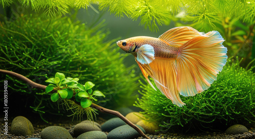Elegant Golden Betta Fish Swimming Gracefully Through Lush Aquatic Plant Life in Serene Freshwater Aquarium Habitat Showcase