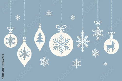 Elegant Christmas Ornaments. Collection of elegant Christmas ornaments hangs gracefully from delicate strings, each featuring intricate snowflake patterns and. Vector illustration