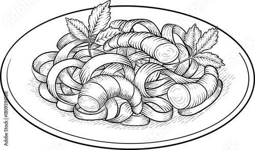 Illustration of Various Types of Italian Food in black and white engraving style. Perfect for menu decorating, packaging or printing
