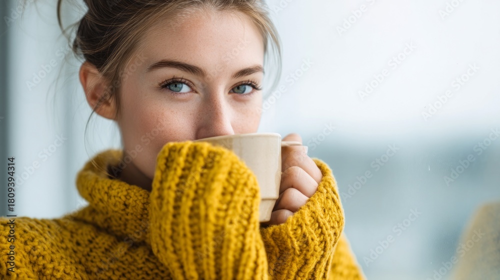 Naklejka premium Beautiful young woman with striking blue eyes is enjoying a warm drink. Dressed in a cozy yellow sweater, she sits in a bright, inviting cafe, relishing the peaceful atmosphere and her beverage