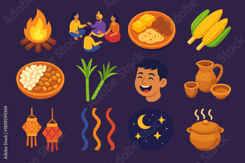 Lohri Festive Icons. Lohri Festive Dining flat icons set. glowing bonfire, people sitting in circle, traditional food plates, roasted corn cobs, popcorn and nuts, sugarcane stalks