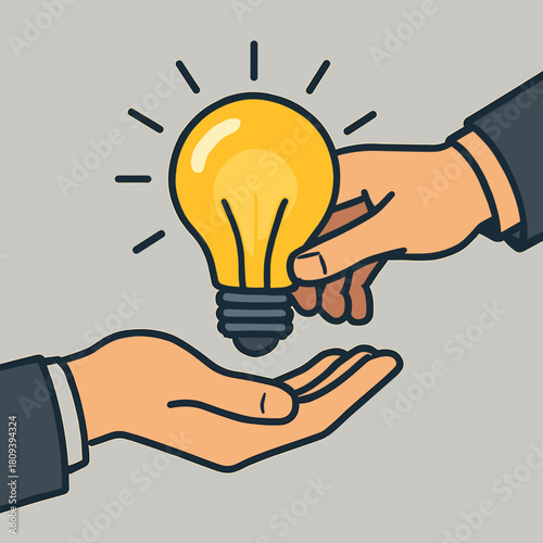 Creative Idea Exchange. Hands are depicted exchanging a light bulb, representing the sharing of ideas and creativity. The warm yellow glow of the bulb contrasts with. Vector illustration