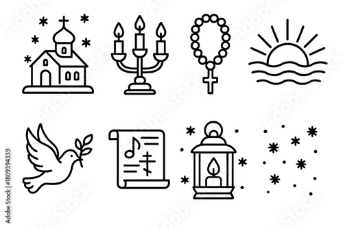 Orthodox New Year Symbols. Orthodox New Year Peaceful Moments linear icon set. solitary chapel, candleholder, prayer beads, rising sun, dove of peace, hymn scroll, glowing lantern