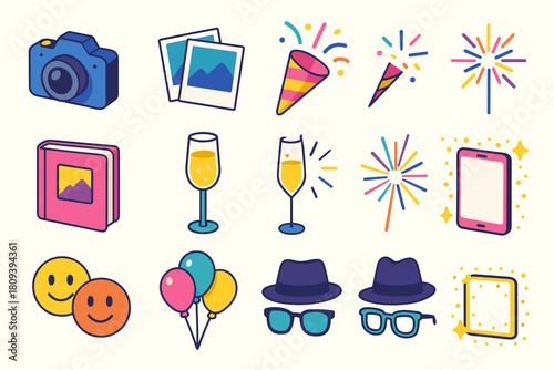 Isometric Celebration Icons. Celebration Snapshot Moments flat icons set. digital camera, instant photo stack, party confetti, sparkler light, photo album, champagne flute