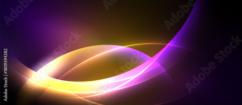 Abstract light curves blend, creating vibrant energy. Purple, gold hues dominate dark background. Smooth shapes suggest movement, flow.