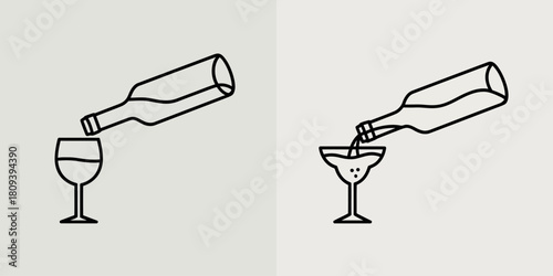 Hand drawn illustration of pouring wine from a bottle into two different glasses