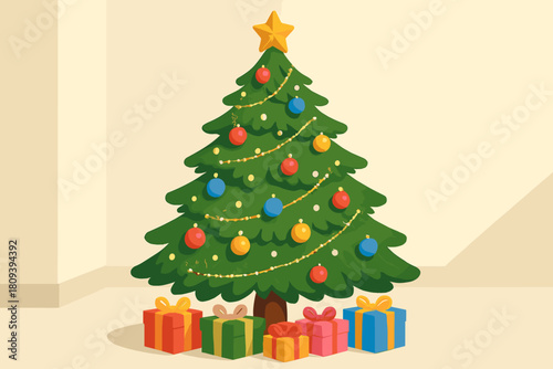 Festive Christmas Tree. Beautifully decorated Christmas tree stands proudly, embellished with colorful baubles and twinkling lights. Presents wrapped in vibrant. Vector illustration