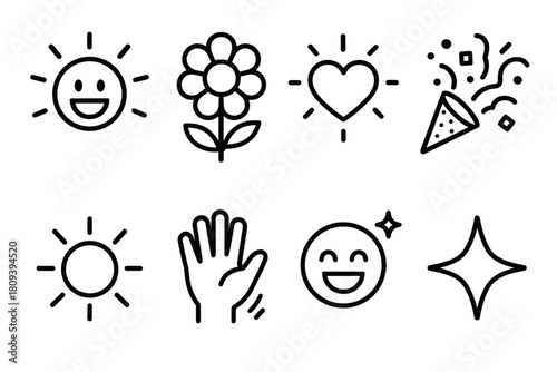 Joyful Icon Array. Pure Delight linear icon set. open smile, light rays, flower bloom, warm heart, confetti, sunshine, hand wave, joy spark