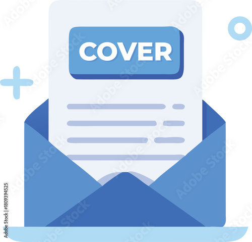 Modern Flat Cover Letter Icon Emerging from Blue Envelope, Symbolizing Job Application Submission or Professional Communication, Vector