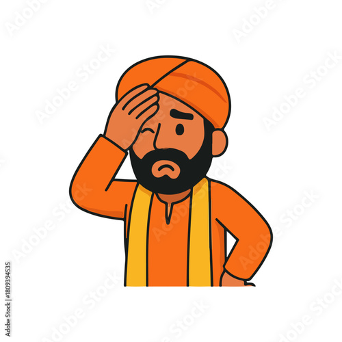 Indian man facepalm illustration. Bearded character in orange traditional outfit and turban showing regret or disappointment gesture in flat cartoon style.