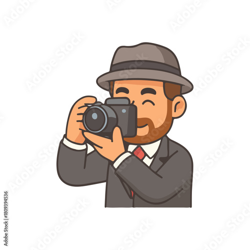 Photographer taking picture. Man holding camera. Retro reporter shooting photo