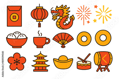 Asian New Year Icons. Asian New Year Traditions set flat icons set. red envelope, lantern, dragon, fireworks, dumplings, tea cup, fan, coin, blossom, pagoda, gold ingot, drum.