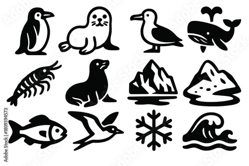 Arctic Wildlife Icons. Frozen Habitat Animals silhouette icon set. penguin, seal pup, albatross, whale, krill, sea lion, iceberg, snowy hill, fish, arctic tern, snowflake, cold