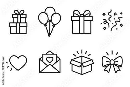 Party Celebration Icons. Celebration Gifts linear icon set. stacked presents, balloon bunch, gift ribbon, party confetti, heart spark, envelope card, surprise box, glowing bow