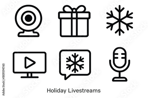 Holiday Livestream Icons. Holiday Livestreams linear icon set. webcam, gift box, snowflake, chat bubble, microphone, screen