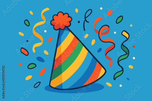 Festive Party Hat. Colorful party hat with stripes and a pom-pom sits at a jaunty angle. Surrounding it are confetti pieces and streamers, adding a lively and. Vector illustration