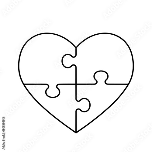 Line Art Illustration of a Heart Shaped Puzzle, Symbolizing Connection, Love, and Unity. Abstract Graphic Representing Relationships, Completeness, and Finding the Right Fit