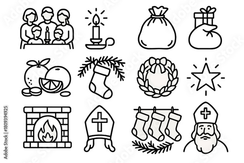 St. Nicholas Celebration. St. Nicholas Family Gathering linear icon set. family around table, candlelight, gift bag, oranges, coins, stockings, wreath, pine branches, warm fire