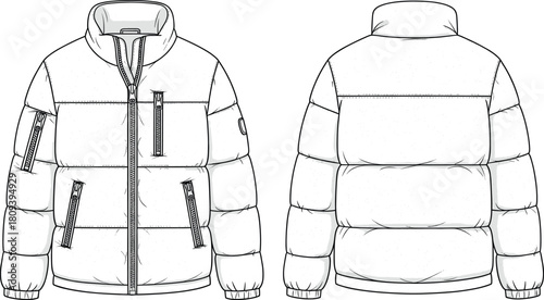 Puffer, jacket, technical, fashion, vector, illustration, winter, coat, outerwear, apparel, design, flat, sketch, garment, template, quilted, padded, zipper, pocket, drawing