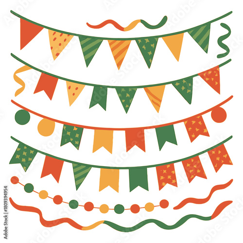 Festive Bunting and Garlands. Series of colorful bunting and garlands, draped elegantly across a festive scene. The flags and ribbons feature a mix of bold patterns. Vector illustration