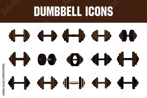 dumbbell barbell weight lifting gym icon set solid line