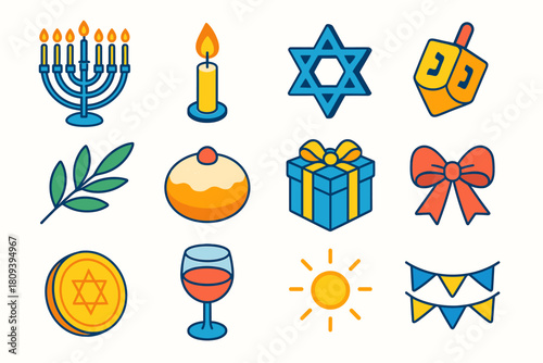 Hanukkah Icons Collection. Hanukkah Celebration of Light flat icons set. menorah, candle flame, Star of David, dreidel, olive branch, donut, gift box, ribbon bow, gelt, wine glass
