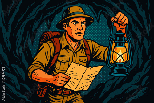 Adventurer Explores Cave. Adventurer with a map and a lantern, exploring a cave. The teal dotted background adds a sense of mystery and exploration. His determined. Vector illustration