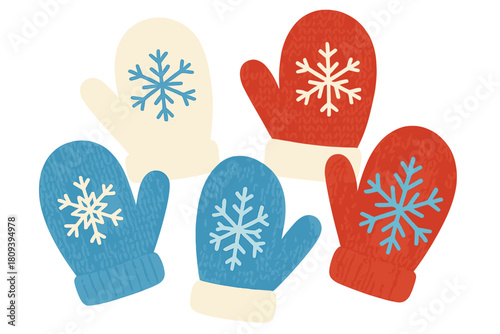 Festive Winter Mittens. A group of winter mittens, each decorated with different snowflake patterns and colors. Arranged in a playful composition, the mittens appear. Vector illustration