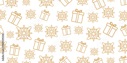 Elegant seamless Christmas and winter pattern featuring golden-brown outline icons of gift boxes and stylized snowflakes scattered randomly on a plain white background.