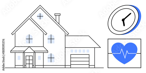 Contemporary house with windows and garage, analog clock, and heart monitor. Ideal for technology, smart home, health, time management, security, lifestyle and automation in simple flat metaphor