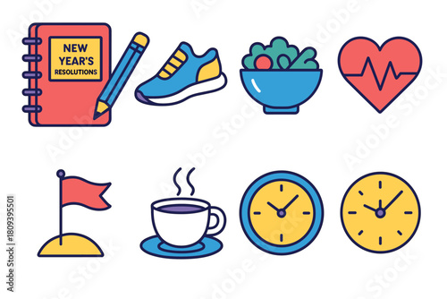 Isometric Resolutions Icons. New Year’s Resolutions flat icons set. planner, pencil, running shoe, salad bowl, heart rate, goal flag, coffee cup, clock