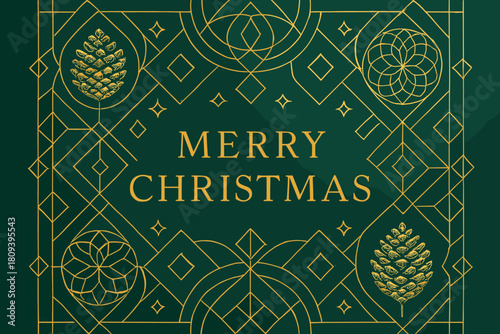Modern Geometric Christmas Card. Intricate design of gold geometric patterns and pine cones on a green background, forming a modern Christmas card. The text 'Merry. Vector illustration