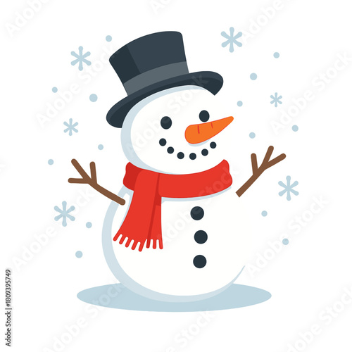 Playful Winter Snowman. Playful snowman with a carrot nose and coal eyes, wearing a red scarf and a top hat. He stands cheerfully in a snowy landscape, with. Vector illustration