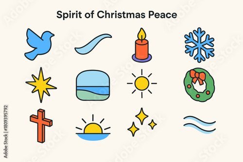 Christmas Peace Icons. Spirit of Christmas Peace flat icons set. dove silhouette, light trail, candle, snowflake, star of Bethlehem, peaceful horizon, radiant glow, wreath, holy