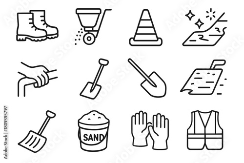 Winter Safety Icons. Winter Safety linear icon set. anti-slip boots, salt spreader, warning cone, icy sidewalk, handrail grip, de-icing shovel, traction mat, snow shovel, sand