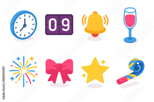 Celebration Icons Set. Final Seconds Icons flat icons set. clock face, countdown digits, alarm bell ringing, champagne flute, fireworks, gift ribbon, glowing star, party horn