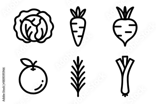 Winter Vegetable Icons. Winter Comfort linear icon set. cabbage, carrot, leek, beet, orange, rosemary