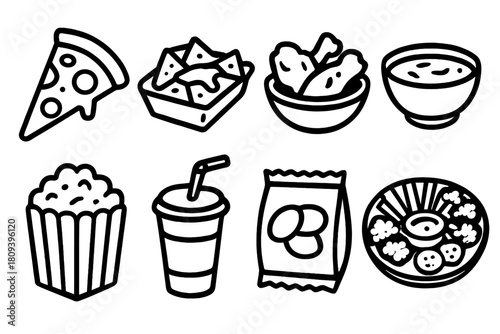 Super Bowl Snacks Icons. Super Bowl Sunday Party Snacks linear icon set. pizza slice, nachos tray, chicken wings, dip bowl, popcorn box, soda cup, chips bag, veggie platter