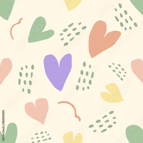 Organic love shapes seamless pattern. Abstract vector flat design with hand-drawn hearts and wavy lines. Aesthetic background for modern wellness branding, social media, or fabric printing.