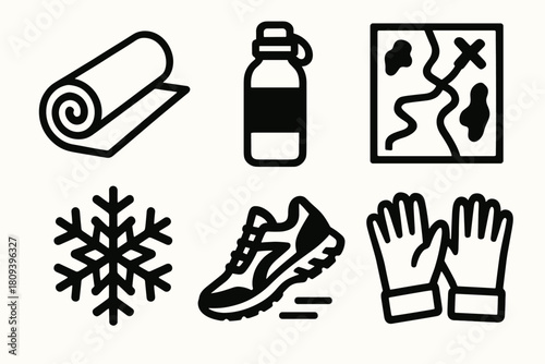 Winter Fitness Icons. Active Winter Routine silhouette icon set. yoga mat, insulated bottle, trail map, snowflake, running shoes, gloves
