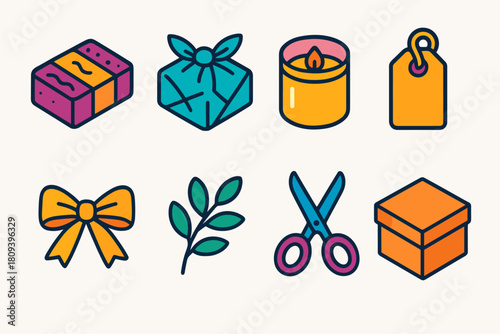 Artisan Gift Icons. Artisan Presents flat icons set. handmade soap, fabric wrap, candle jar, tag label, ribbon tie, sprig, scissors, paper box