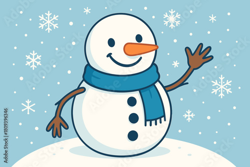Cheerful Snowman Scene. Friendly snowman with a vibrant blue scarf and carrot nose waves cheerfully. Snowflakes gently fall around him, creating a magical winter. Vector illustration