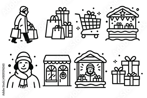 Festive Shopping Icons. Holiday Shoppers linear icon set. people in coats, gift bag stack, holiday cart, snowy market stalls, smiling shopper, glowing storefront, cozy vendor