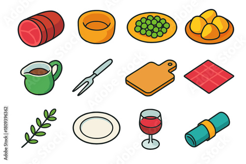 Winter Feast Icons. Winter Roast Feast flat icons set. roast beef, Yorkshire pudding, peas, roasted potatoes, gravy jug, carving fork, serving board, tablecloth, thyme sprig