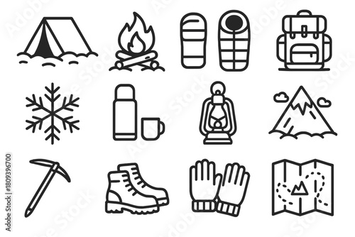 Winter Camping Icons. Winter camping linear icon set. tent in snow, campfire, sleeping bag, backpack, snowflake, thermos, lantern, mountain peak, ice axe, boots, gloves, map