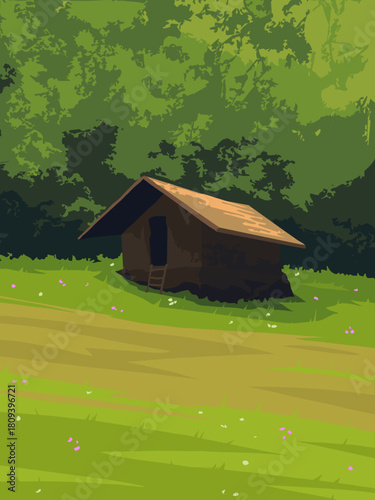 Cabin in the woods, Simple Wooden Cabin or Hut Isolated on a Green Grassy Clearing Next to a Dense Forest, Suitable for Rural Nature Background, Flat Vector Lineless Art Illustration