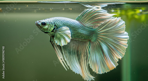 Elegant Green Betta Fish Swimming Gracefully Through Clear Water, Showing Off Beautiful Fins and Intricate Scales With A Subtle Reflection.