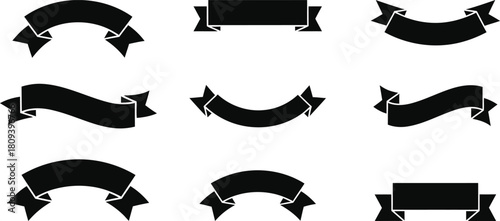 Collection of nine black banner silhouettes for graphic design elements